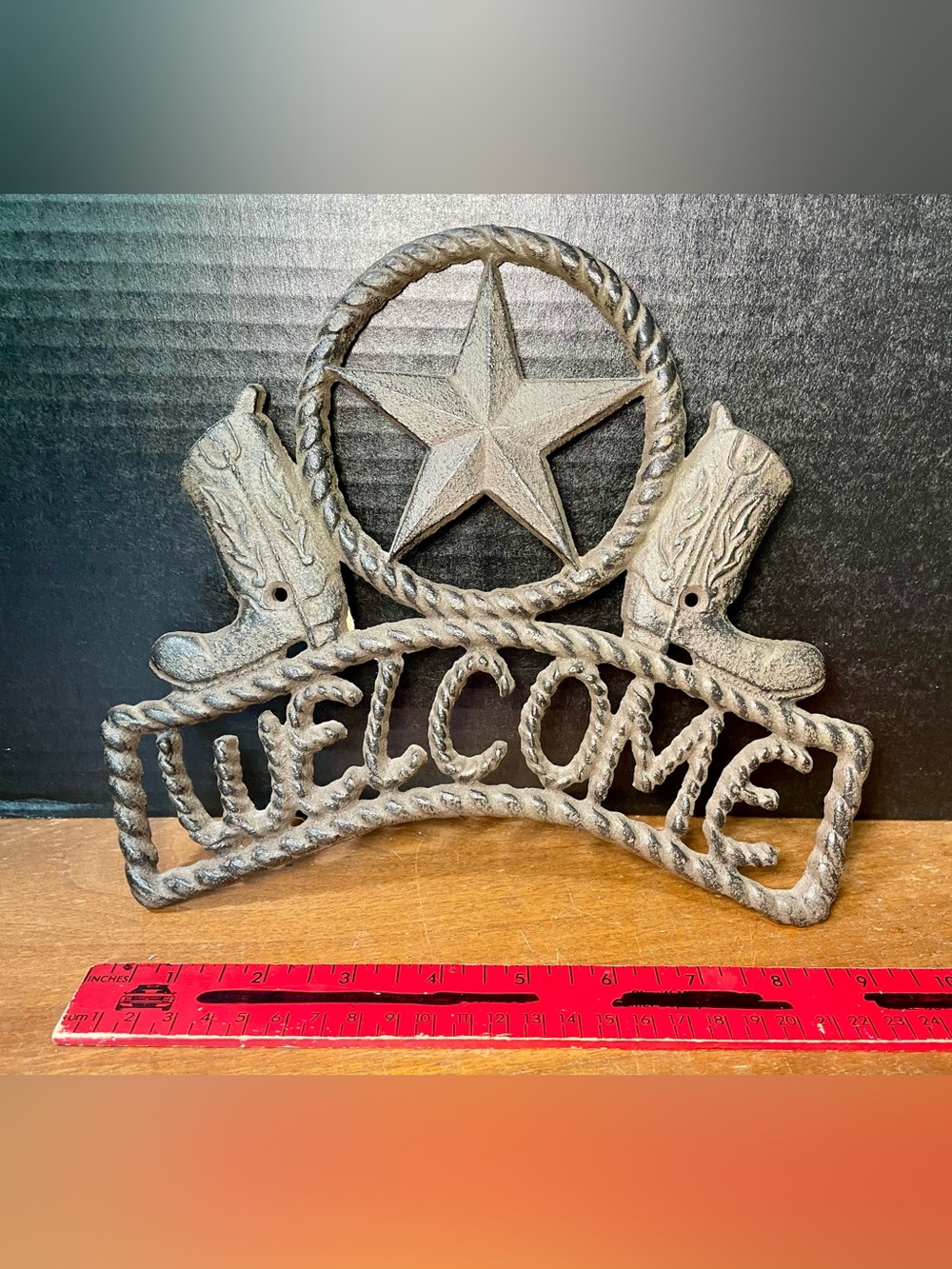Cast Iron Star WELCOME Cowboy Boots Plaque Sign Rustic Ranch Wall Decor